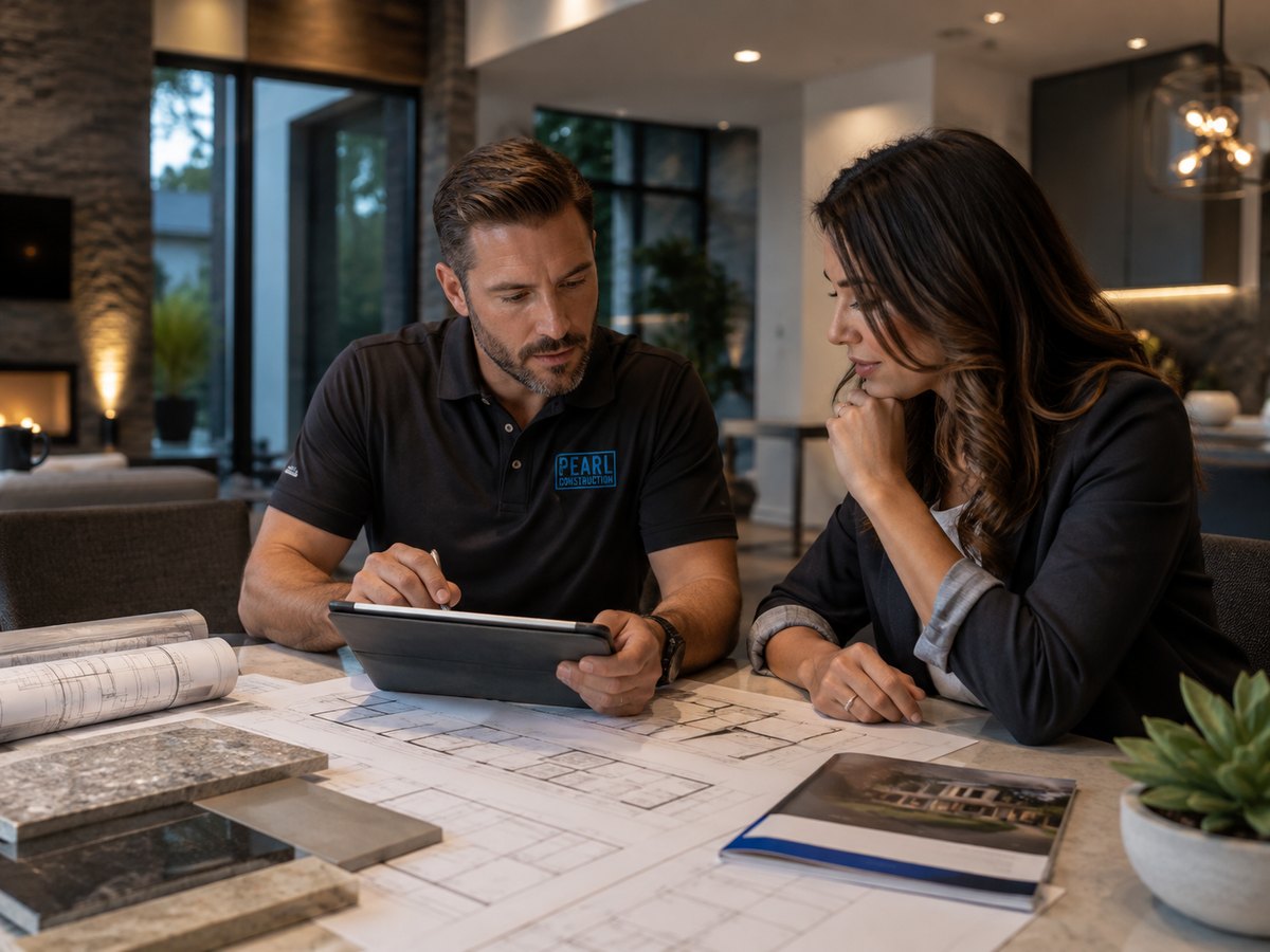 Illustrative construction consultation with plans and material samples